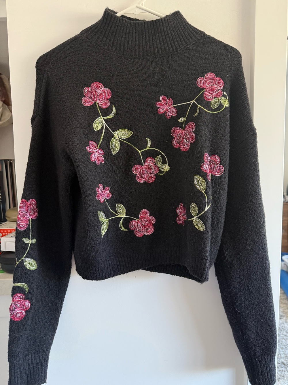 Alya Black Mock Neck Sweater with Pink Floral Embroidery